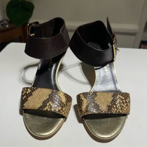 Bettye Muller Open Toe Sandals Size 37, Snake Pattern, Brown and Gold Buckle
